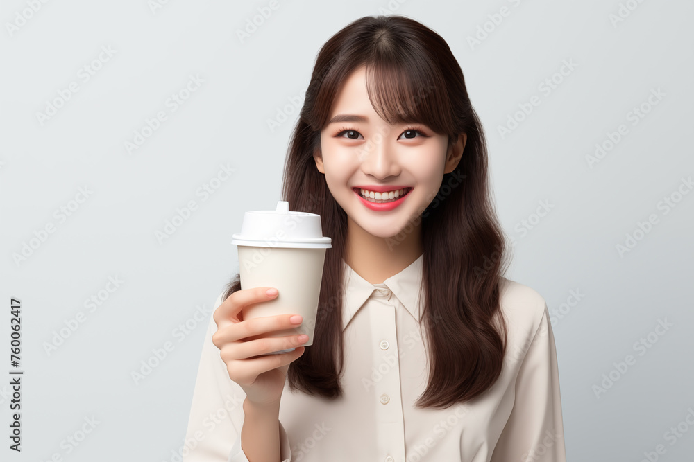 Teen pretty Japanese girl over isolated white background holding a take away coffee Teen pretty Japanese girl over isolated white background holding a take away coffee