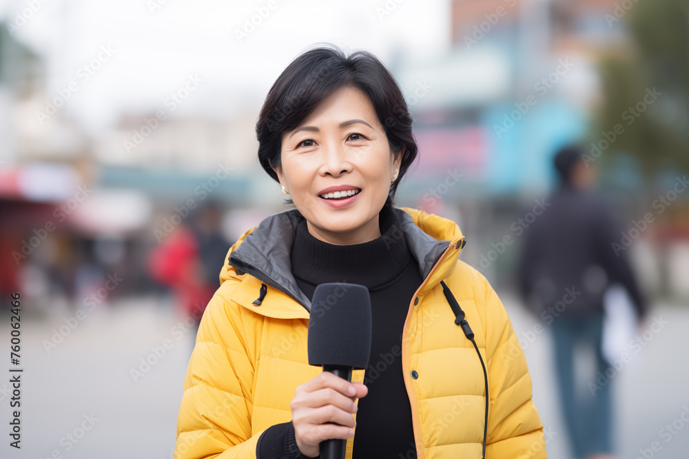 Middle aged Chinese woman at outdoors as a reporter holding a ...