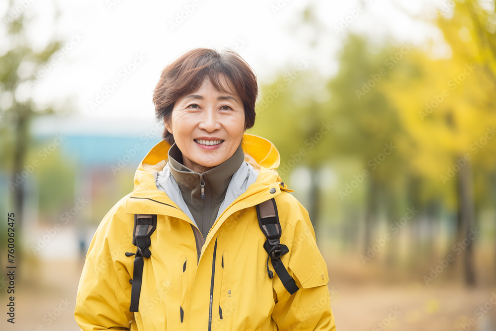 Middle aged Chinese woman at outdoors wearing a rainproof coat Middle aged Chinese woman at outdoors wearing a rainproof coat