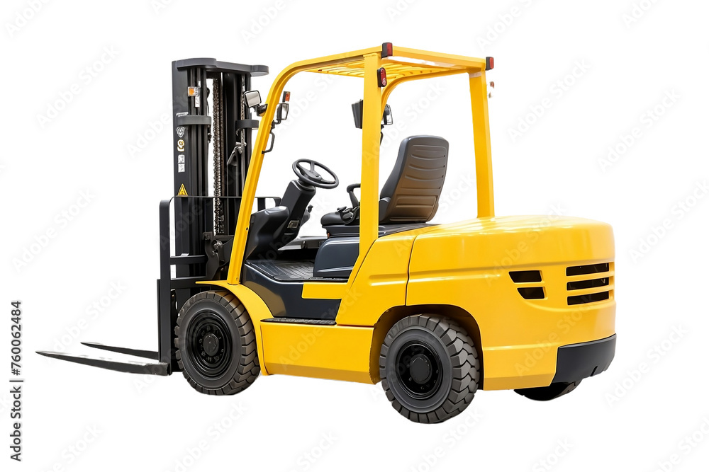 Side view of a yellow forklift, ready for warehouse tasks.