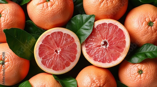  a close up of a grapefruit cut in half and surrounded by other grapefruits and leaves. © Shanti