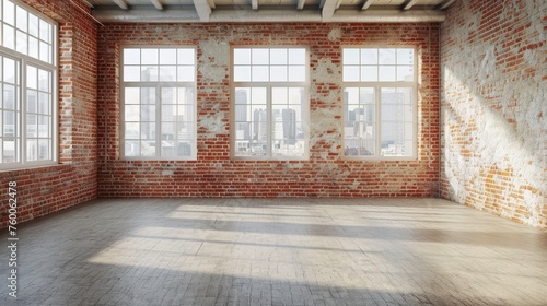 Empty room with red brick wall and window