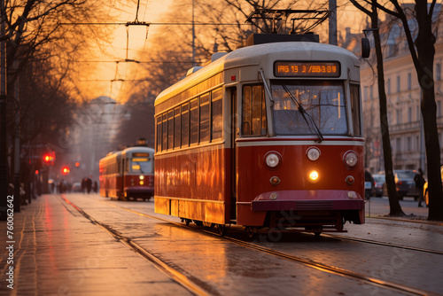 tram in the middle of the city with no one