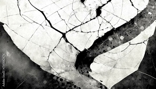 Illustration of black and white grunge texture with cracks and holes.

