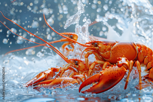 Flying, levitating crayfish, lobsters with splashes of water on a coloured background
