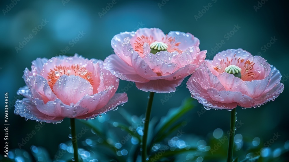 three pink flowers with raindrops on them in front of a blue background with water droplets on the petals. three pink flowers with raindrops on them in front of a blue background with water droplets on the petals.