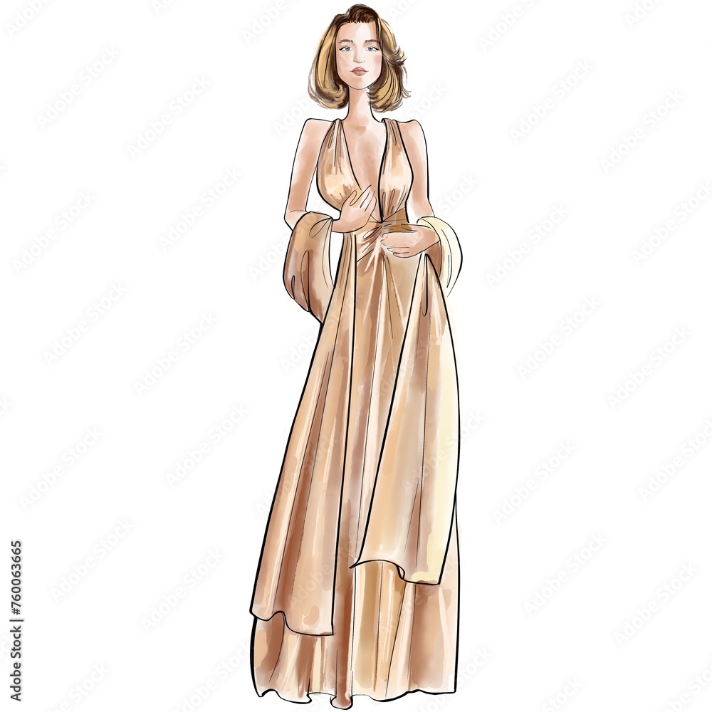 Fashion Event Illustration on a white background Woman in outfit from famous designer. 