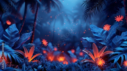  a night scene with flowers and plants in the foreground  and a blue sky with stars in the background.