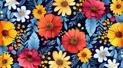  a bunch of colorful flowers that are on a blue and red background with leaves and flowers on the bottom half of the image.