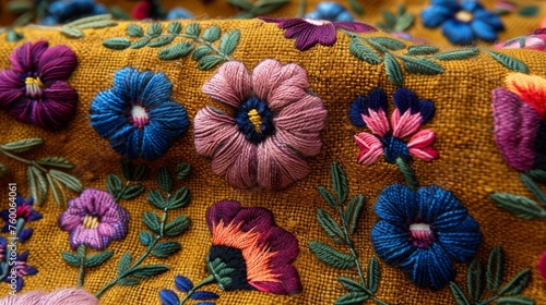  a close up of a colorful floral design on a yellow fabric with blue, pink, purple, and green flowers.