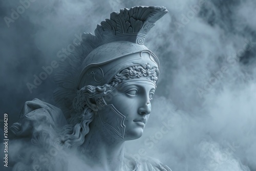 Powerful Athena wise god. White statue travel. Generate Ai