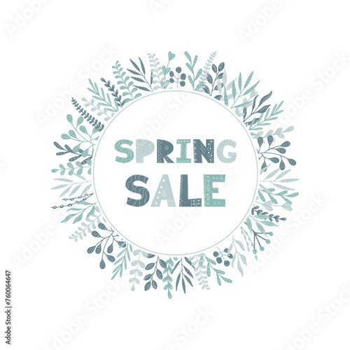 Round Natural Botanical Frameisolated on white. Spring Sale template. Floral green border in Scandinavian style. Seasonal flat design Background. Template for Poster Discount Offer promotion Design photo