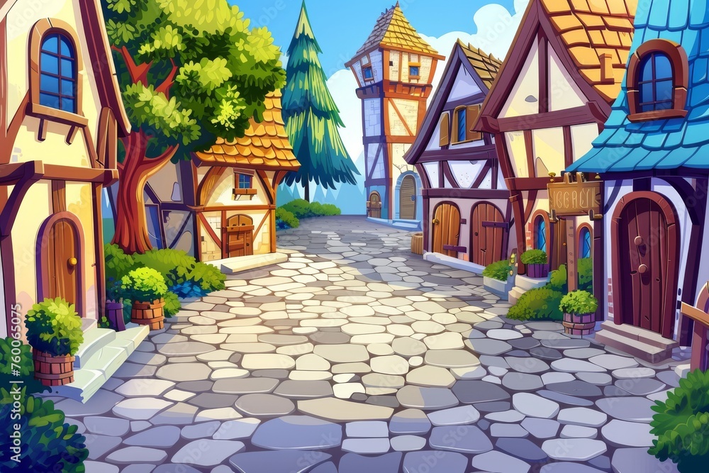 Old European town street with buildings dating back to the middle ages. Modern cartoon cityscape with brick houses, wooden doors, trees, stone pavement, and paved roads.
