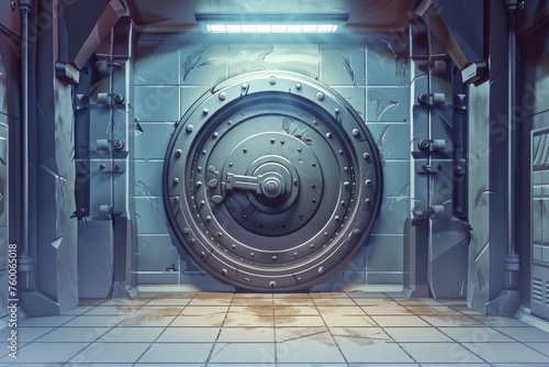 A bank safe and vault door, with a metal round gate mechanism and tiled floor in an empty bunker room with walls and welds.