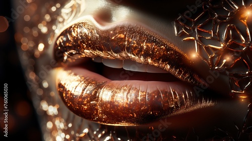 female lips extreme close up shot, brown glowing radium lips made with diamond engraved, shining effect - generative ai photo