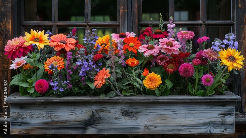  a window sill filled with lots of colorful flowers in front of a wooden window sill with a window pane in the background.
