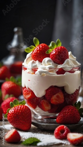 Close-up of strawberries and cream.