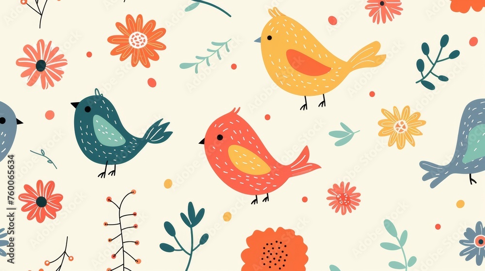 Modern background with birds and flowers. Children's style.
