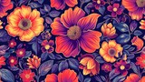 A seamless pattern of bright abstract flowers.