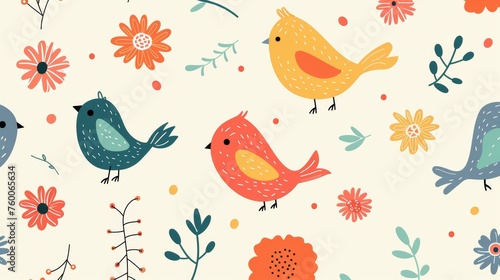 Modern background with birds and flowers. Children s style.