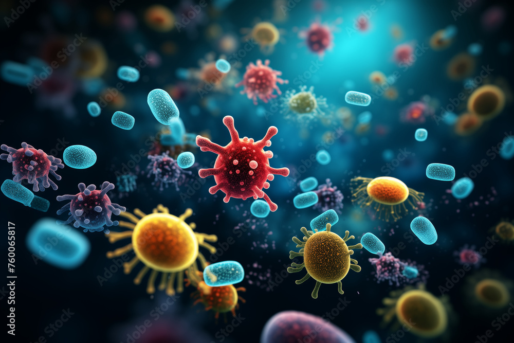 3d rendering of various types of bacteria and viruses floating in the ...