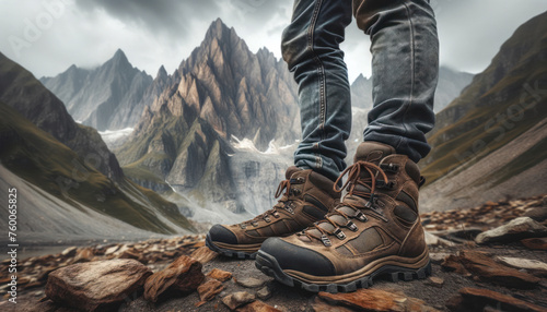 boots belonging to hikers standing on a rocky terrain with a majestic mountain range in the background.