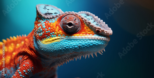 A close-up portrait of an exotic chameleon, its vibrant colors stand against the blue background. Generative AI