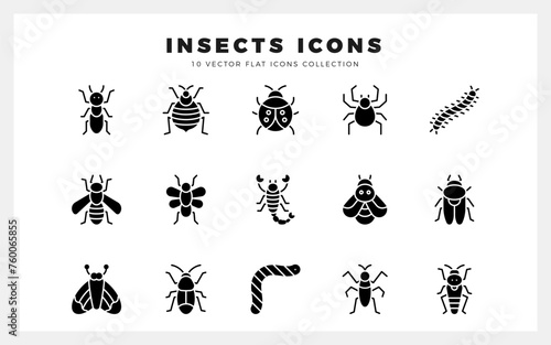 15 Insects Glyph icons pack. vector illustration.
