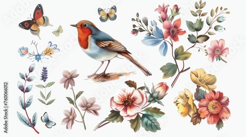 This is a collection of modern decorative designs including flowers, a Robin bird, and leaves in the style of vintage designs with butterflies.