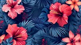 This Hawaiian tropical natural floral seamless pattern features hibiscus flowers in red and pink on a white background and palm leaves and plumerias in a trendy blue style.
