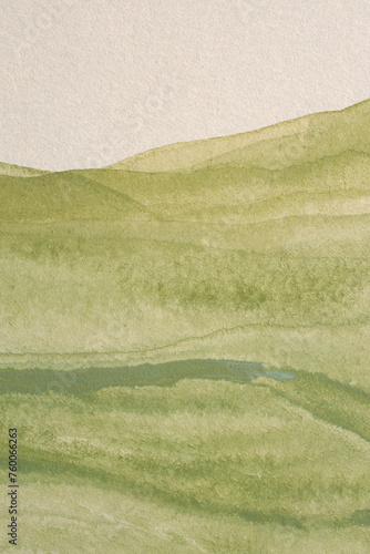 Ink watercolor hand drawn smoke flow line wave blot mountain landscape on wet grain paper texture background. Beige, green colors. photo