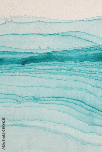 Ink watercolor hand drawn smoke flow line wave blot mountain landscape on wet grain paper texture background. Beige, blue colors.