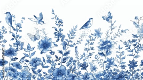 Flowers, birds, butterflies. Toile de Jouy. Horizontal card. Blue and white.
