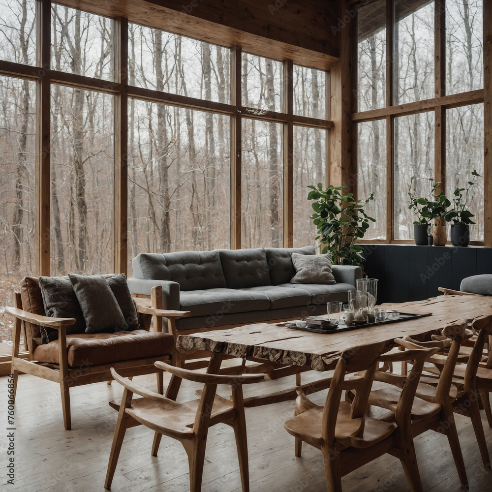 Rustic live edge table and wooden armchairs against of windows. Scandinavian interior design of modern living room. Rustic live edge table and wooden armchairs against of windows. Scandinavian interior design of modern living room.