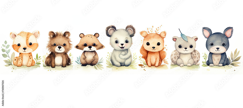 Cute Animals Watercolor hand-painted Illustration Isolated on white background