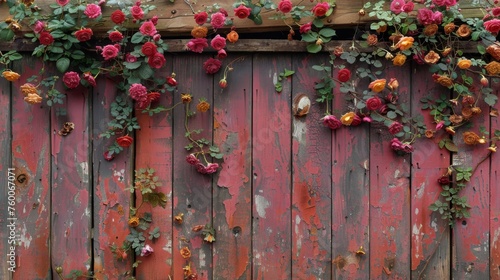  a wooden fence with a bunch of flowers growing up the side of it and a bunch of leaves on the top of the fence.