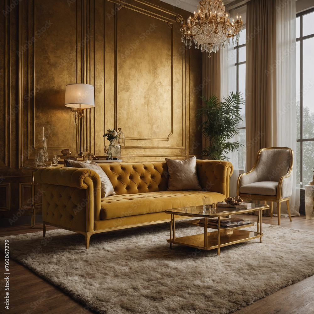 Fototapeta premium Rustic furniture in hollywood regency style interior design of modern living room with golden paneling wall and big windows beside.