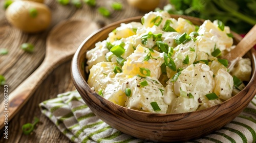 Potato salad close up in rustic bowl with green and white napking and wood spoon photo