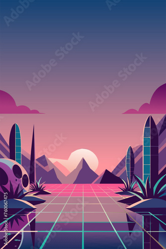 Retro-futuristic 80s synthwave landscape with neon sunset. Cyberpunk mountain, grid. Featuring purple vintage nostalgic electronic aesthetic. Futuristic. poster desert Mexico background with cactus photo