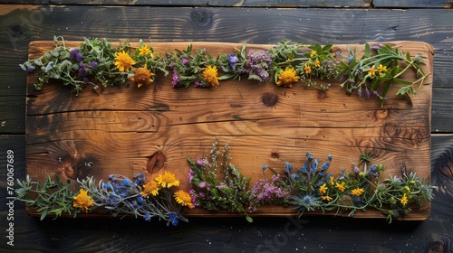  a wooden board with a bunch of flowers growing out of it on the side of a wooden planked wall.
