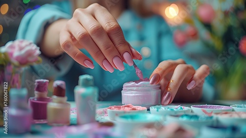 Female hands with beautiful manicure painting nails on table in beauty salon