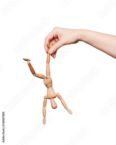 A narcissistic parent. A wooden mannequin in the hand of an adult who tortures and abuses her. Metaphor with domestic violence isolated on transparent png background.