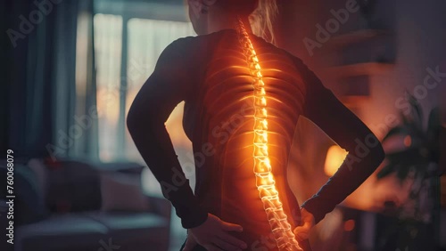 Person with back pain highlighted by digital spine illustration. Health and medical concept with futuristic glowing backbone photo