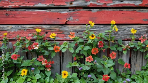  a bunch of flowers that are next to a wooden fence with red paint on the side of the fence and green leaves on the other side of the fence.