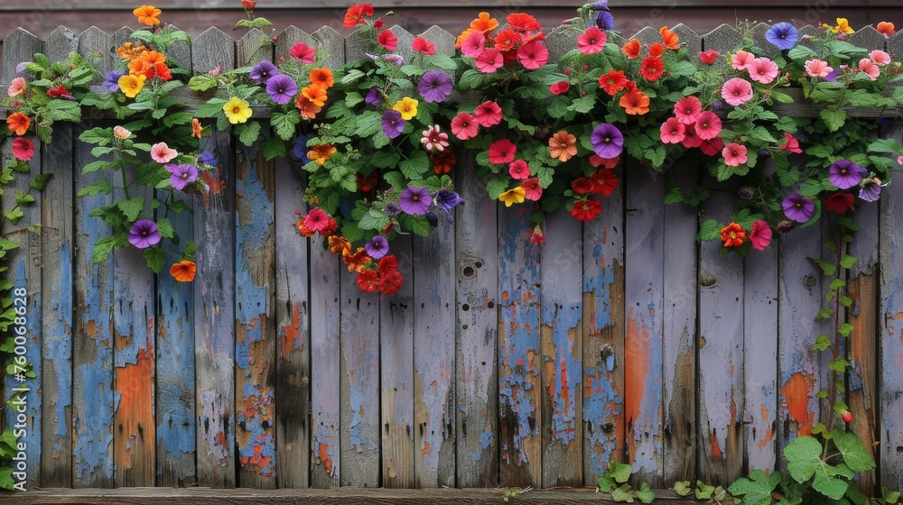  a wooden fence with a bunch of colorful flowers growing on the top of it and a bunch of leaves on the bottom of the fence.