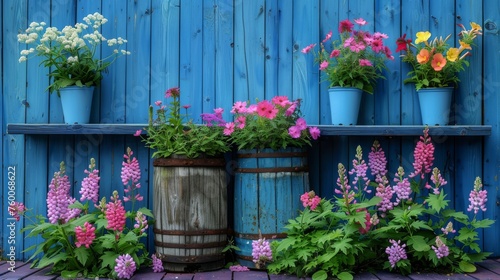 a number of potted plants on a wooden shelf near a blue wall with a wooden shelf holding several different types of flowers.