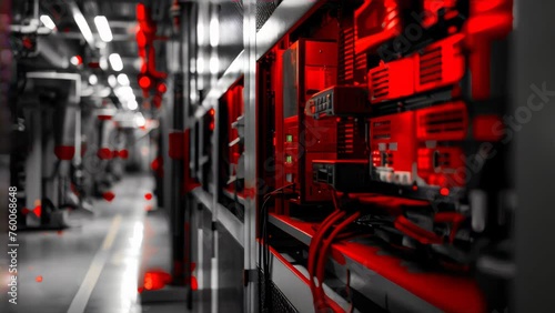 Selective color of red server racks in a data center. Technology and network concept with copy space for banner and header design photo
