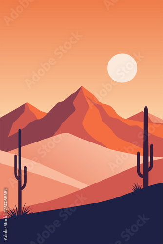 Mexican poster desert Mexico background festive backdrop with cactus for festival Cinco de mayo. Serene vector illustration of a desert sunrise, with cacti silhouettes against vibrant mountains