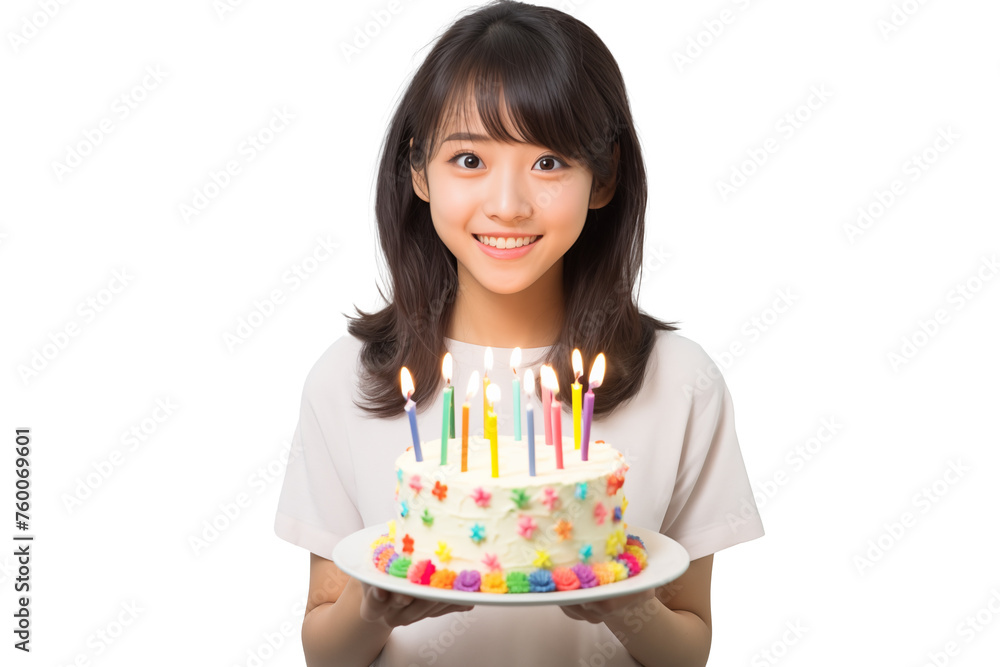 Teen pretty Japanese girl holding birthday cake on isolated chroma key background Teen pretty Japanese girl holding birthday cake on isolated chroma key background