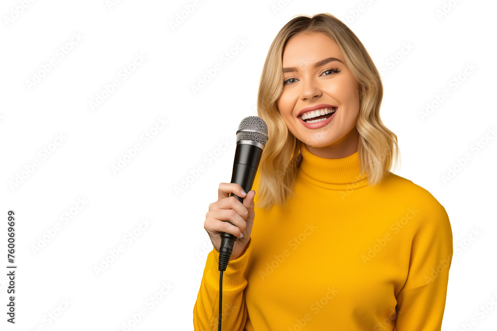 Young pretty blonde girl on isolated chroma key background as a reporter holding a microphone and reporting news Young pretty blonde girl on isolated chroma key background as a reporter holding a microphone and reporting news